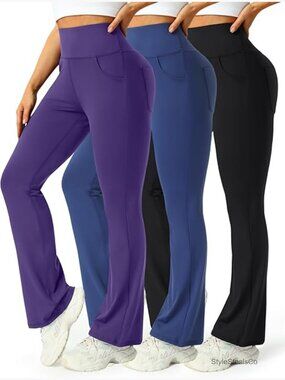 High Waist Flare Yoga Pants with Pockets, 3-Pack, Polyester Spandex